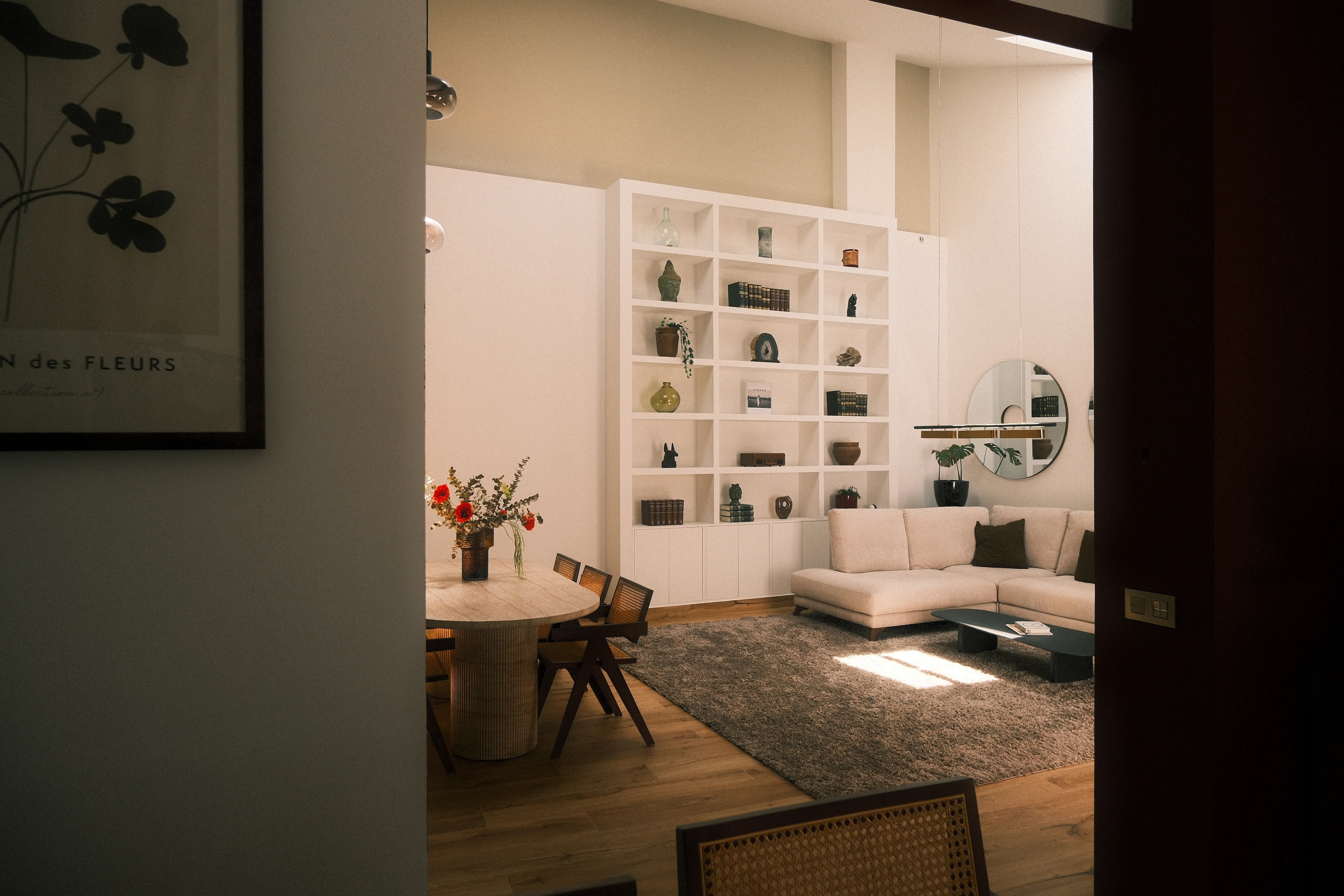 Interior design living room with framed wall gallery