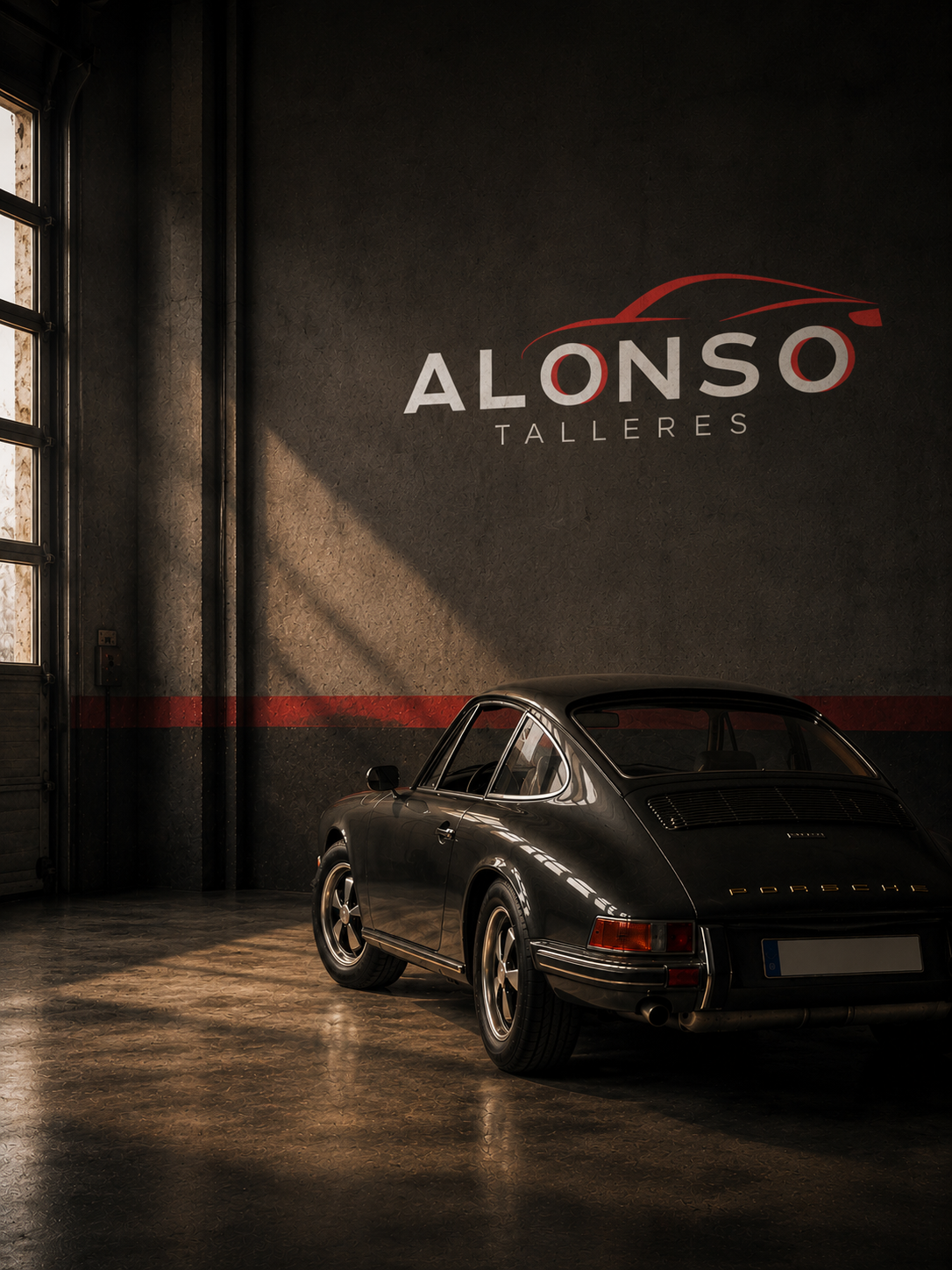 Luxury car parked inside a dark showroom